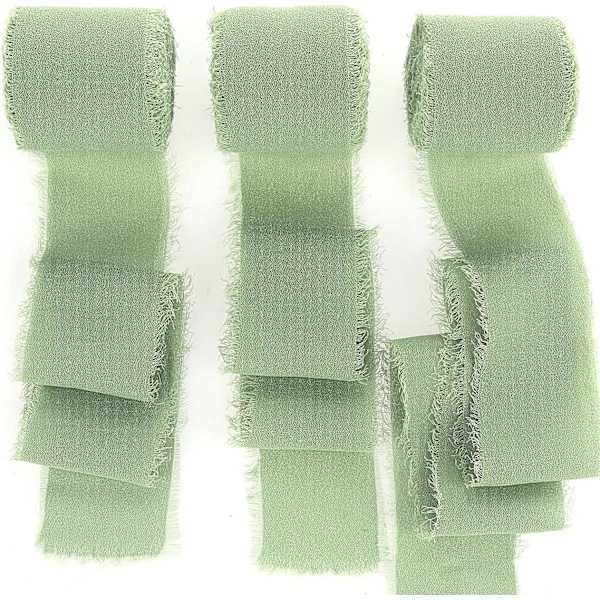 3 ruller 1,5\" håndlaget frynset chiffon silkebånd med frynsete kanter for bryllupsinvitasjoner, brudebuketter, gaveinnpakning (grønn)