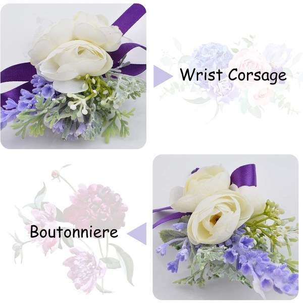 2 stk håndleddsblomst, kunstig bryllupshåndleddsblomst og knapphullsblomstsett brud håndblomst menn knapphullsblomst for bryllup, lilla bånd