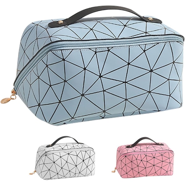 Rhombus rejse kosmetik taske - Multifunktionel PU læder bærbar makeup taske, stor kapacitet toilettaske opbevaringspose med håndtag og skillevæg Blue