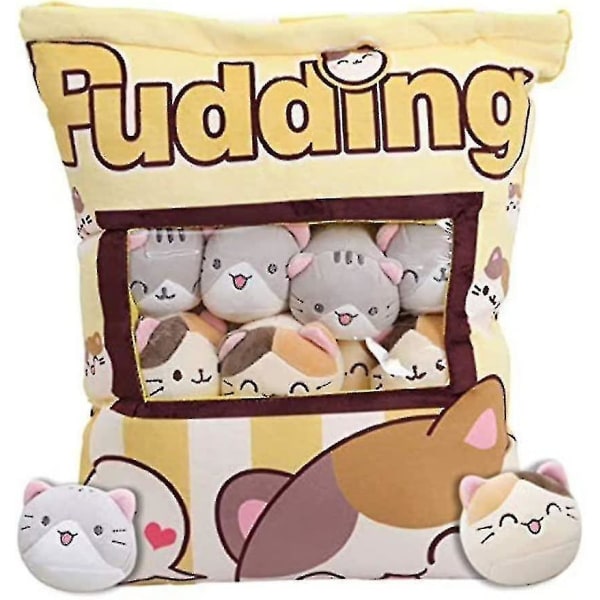 Plysch mellanmålskudde Mjuk kattfylld puddingkudde med löstagbara kittydockor till bäddsoffa Gul 1