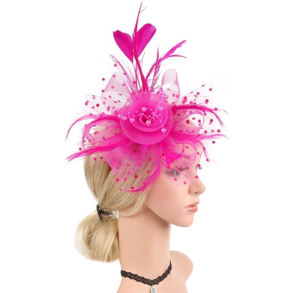 Fascinators Hatt for Women Dam Bröllop Fascinators Tea Party Hatt Flapper Pillbox Hat Ascot Race Hat Feather Flower(rose red)