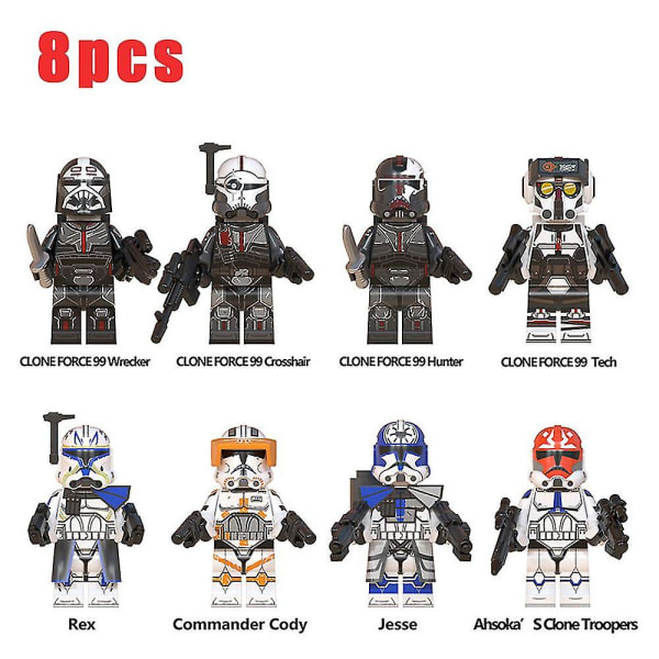 8 stk Star Wars Rex Jesse Clone Force 99 Wrecker Hunter Minifigur Samlet Mini Byggekloss Actionfigurer Leker Barn Gave