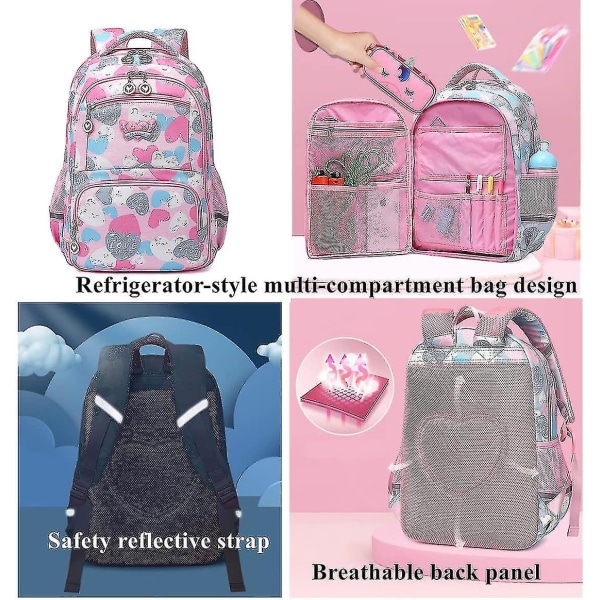 Ryggsekker for barneskoleelever, barneskolebager, barnesekker, ryggsekker, gutter og jenter (rosa)