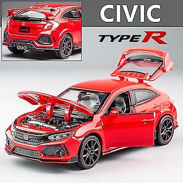 1:32 Honda Civic Type-r Legering bilmodell Diecasts & Lekekjøretøy Metall Sportsbilmodell Lyd- og lyssamling Barnelekegave Red