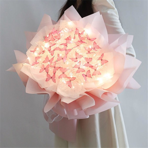 Hårband Nytt 33 st Fjärilar Blombukett Set med LED-ljus Fantastiska presentidéer för alla hjärtans dag, födelsedag, årsdag, förlovning Pink One Size