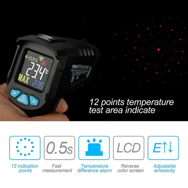-50~380℃ Industrielt digitalt infrarødt termometer Håndholdt infrarødt LCD-temperaturmåler ikke-c IR01A Black