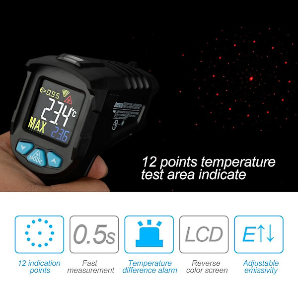 -50~380℃ Industrielt Digitalt Infrarødt Termometer Håndholdt Infrarødt LCD Temperaturmåler Måler Non-c IR01A Black