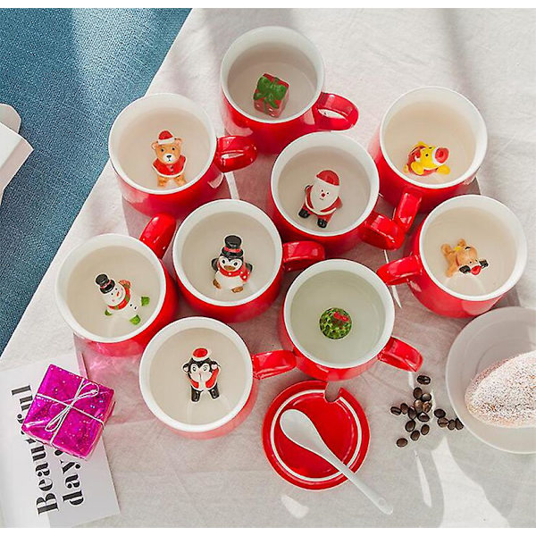 Julekop med snemand, julemand og tegnefilmmotiv - til kaffe, mælk og morgenmad