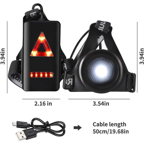 Løbelys, 3 tilstande USB genopladeligt kropslys med baglygte og justerbar rem til natløbere, joggere, vandreture, camping, vandreture