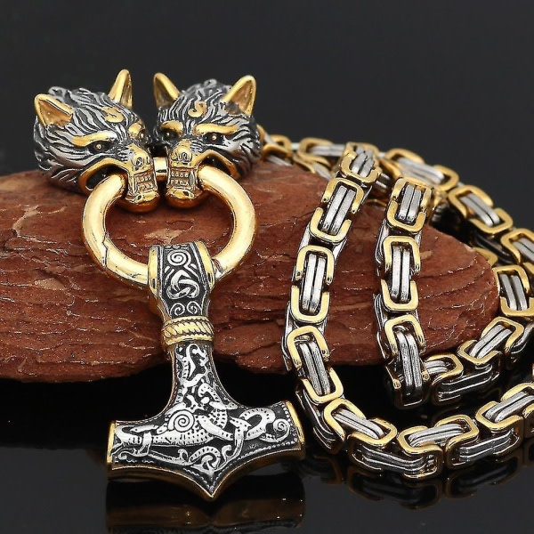 Rostfritt stål Viking Wolf Head dubbelfärg Thor S Hammer hänge Läderkedja Herr S Halsband Smycken stil2 guld 2 70cm