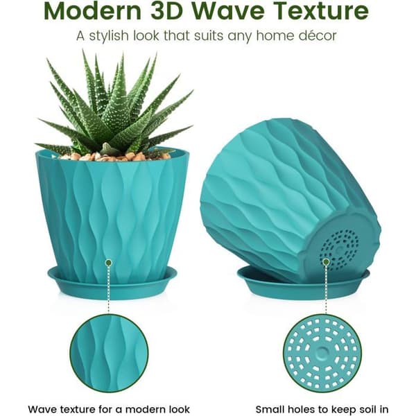 12,7 cm indendørs urtepotte, sæt med 5 plastikurtepotter med dræn og underskåle, moderne 3D bølget design, blågrøn