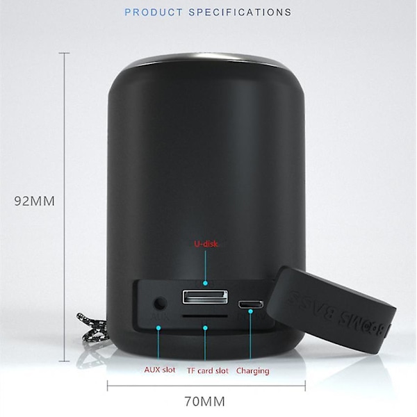 Mini kannettava Booms Bass Bluetooth-kaiutin ulkoilman langaton stereokaiutin Mp3-soitin Black
