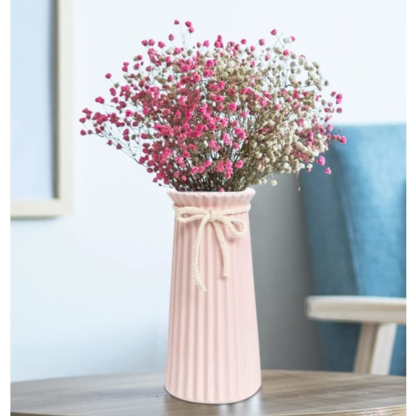 Hvid Keramisk Riflet Vase til Minimalistisk Moderne Hjemmeindretning, Dekorativ Blomster Vase til Bryllup Middagsbord Kontor Soveværelse - 7,5 Tommer / 20 CM-Pink