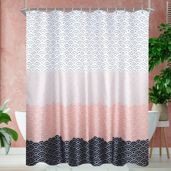 Duschdraperi 180 x 200 cm, blommigt mönster, viktad fåll, polyester med öljetter och 12 ringar för badrum, badkar