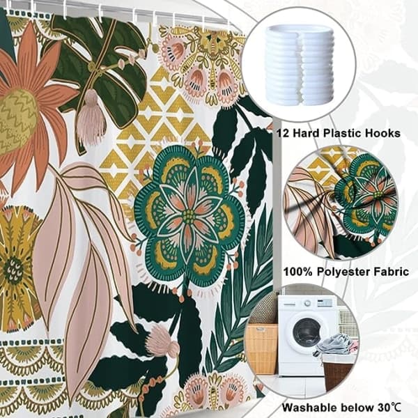 Bohemisk duschdraperi, Boho-stil duschdraperi blommor ros grön