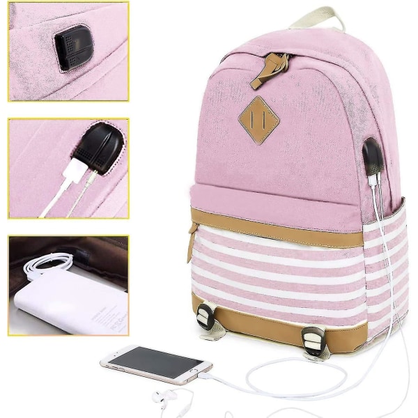 Canvas College Student Taske Laptop Usb Rygsæk Gymnasium Rygsæk Til Mænd Kvinder (pink) (hy)