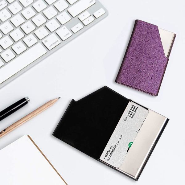Visitkortshållare, Slim Professional 2-pack PU-läder + rostfritt stål visitkortsfodral för resor och affärer - grå och lila