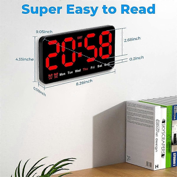 Digital väggklocka, 9 tum LED digital klockdisplay med 12/24h, stora siffror, liten tyst väggklocka (röd)