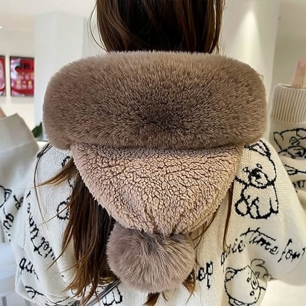 Vinterlue med vindtett skjerf for kvinner - Varm fleecemaske med pompom for ski og sykling One Size,Beige