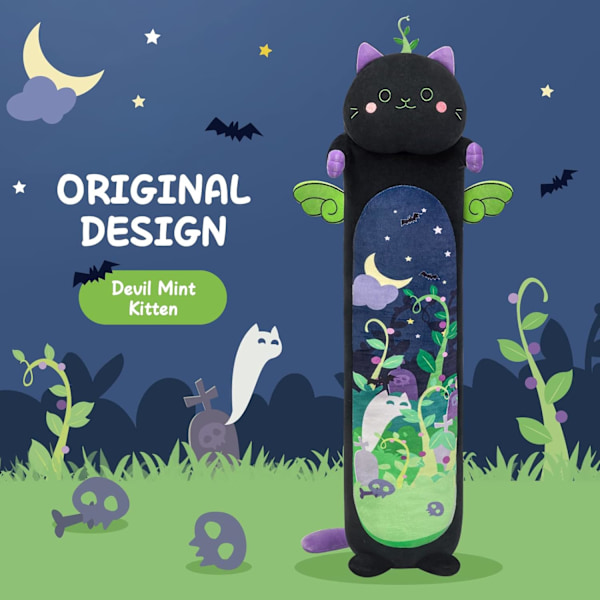 20 tommer lang djævel mynte katteplys puder fyldte dyr squishy puder - plys sød killing sovende kramme plys pude bløde legetøj til børn (sort) 20inch/50cm