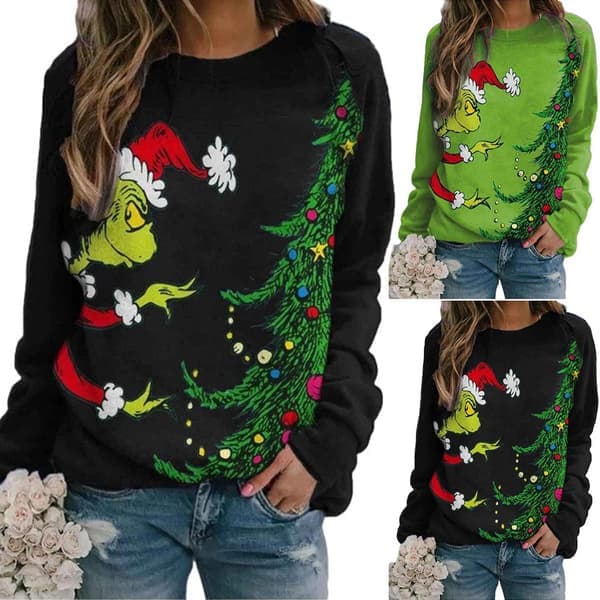 Grinch jul kvinders mode afslappet sweatshirt toppe grøn grøn M