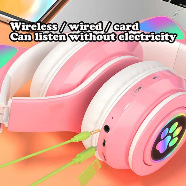 Bluetooth 5.0 trådlösa hörlurar söta LED-blixt kattöron huvudmonterade headset inbyggd mikrofon Hifi-hörlurar Pink