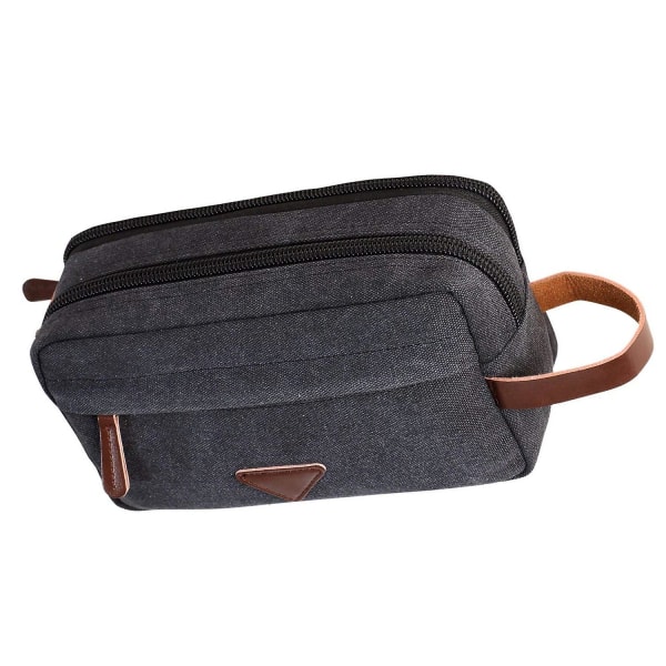 Herre toilettaske med dobbelt rum, lærred læder kosmetik makeup organizer barbering dope kit, sort
