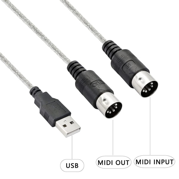 USB Midi-kabeladapter, USB typ A hane till Midi Din 5-stifts in-out-kabelgränssnitt med LED-indikator [DB] Som visas