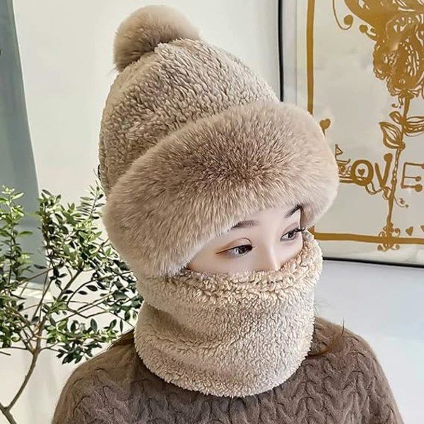 Vinterlue med vindtett skjerf for kvinner - Varm fleecemaske med pompom for ski og sykling One Size,Khaki