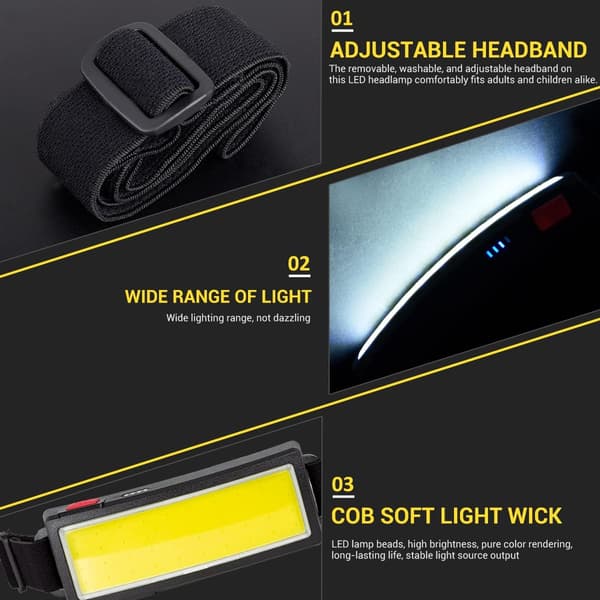 LED Hodelykt, Oppladbar COB Hodelykt Superlys Hodelykter 500Lumen Lett Hodelykt 3 Lysmoduser Arbeidslys USB Justerbar