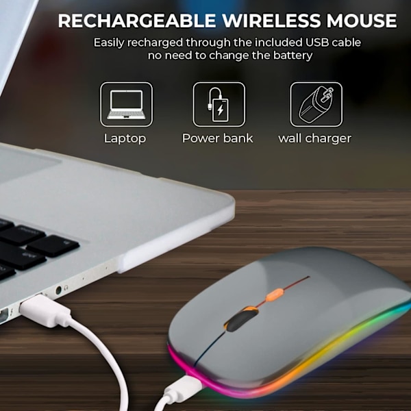 LED trådløs mus, slank genopladelig trådløs lydløs mus, 2.4G bærbar USB optisk trådløs computermus med USB-modtager til notesbog, pc, bærbar computer Dark Grey