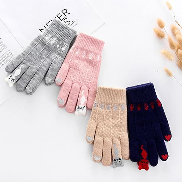 Vinter Kvinder Søde Tegneserie Katte Touch Screen Handsker Fuld Finger Strikkede Luffer Dark blue