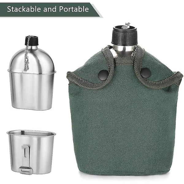 Militär Vattenflaska Kit 2st 1000ml 600ml Rostfritt Stål Militär Vattenflaska Kopp Set Med Överdrag Väska För Utomhus Camping Vandring Ryggsäck