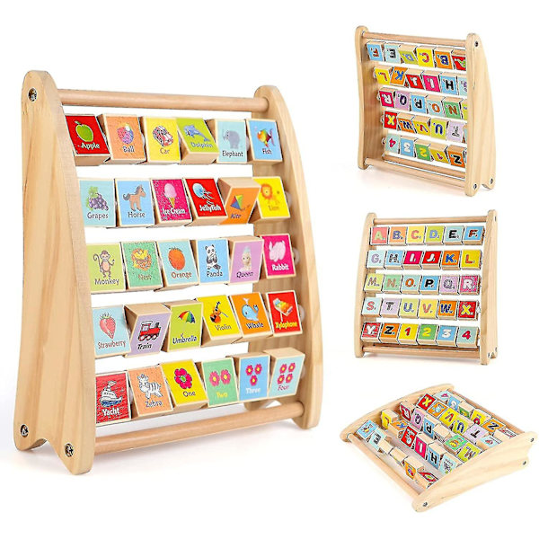 Alfabetisk Abacus för Småbarn, Trä Abc-123 Abacus Med 30 Bokstäver Och Nummerplattor, Klassiska Pedagogiska Lärande Leksaker För Baby Pojkar Flickor