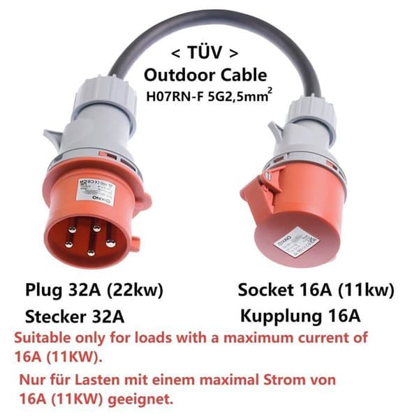 CEE-adapter 32A plugg til 16A stikkontakt med beskyttelsesdeksel, trefaset, 5-pinners, (32-16)