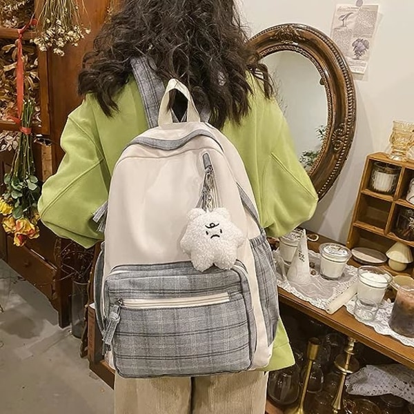 Kawaii Ryggsäck med hänge Söt ryggsäck Rutig Estetisk ryggsäck Skolväskor för tjejer Tonåringar Back to School-ryggsäckar