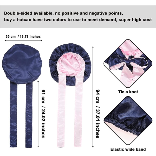 Satin Bonnet Silke Sleep Cap Hair Bonnets For Black Women Stretchy Tie Band Hår Navy Blue and Pink