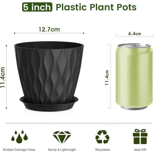12,7 cm indendørs urtepotte, sæt med 5 plastikurtepotter med dræn og underskåle, moderne 3D bølget design, sort