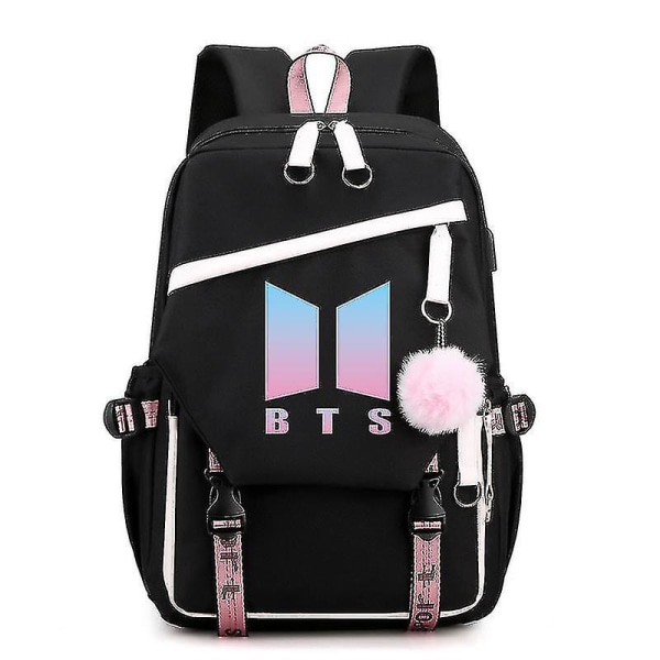 Bts   Ungdomsgruppe Ryggsekk Usb Lader Ryggsekk Stor Kapasitet Student Skoleveske_x black white