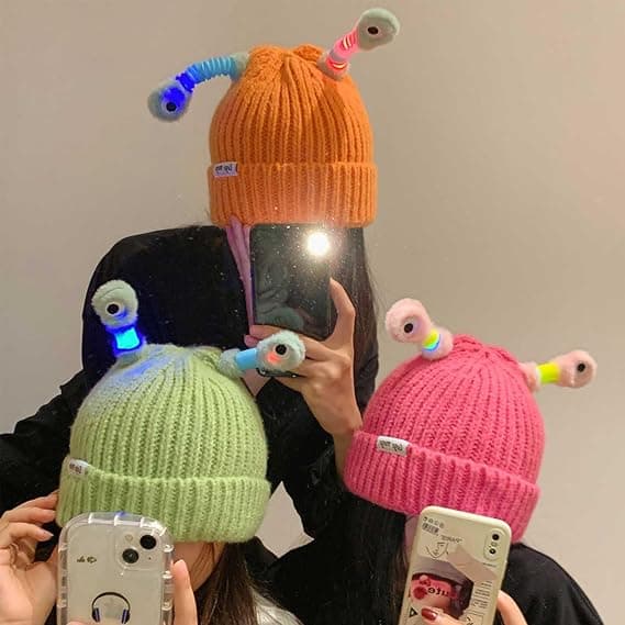Vinterförälder-barn söt lysande liten monster stickad mössa, rolig lysande monster stickad vintermössa-D