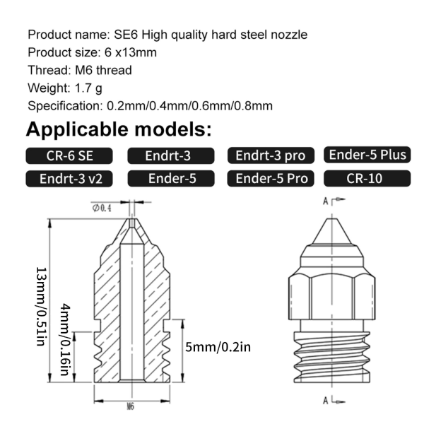 Karkaistu teräs 0,2 0,4 0,6 0,8 3D-tulostin suutin Ender3 5Pro/ Ender3V2/CR6SE/CR10 tulostussuuttimet 2 kpl 0.6mm