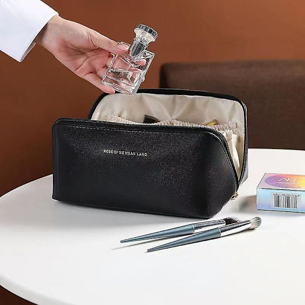 Stor rejse kosmetik taske bærbar læder makeup pung kvinder vandtæt badeværelse toilettaske multifunktion toiletartikler kit Black