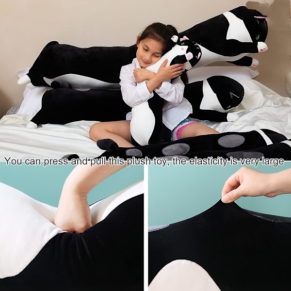 Jätteliknande kattkudde plysch tecknad kattunge sovande kramande kudde, gosig mjuk lång kattunge kroppskudde docka kattkudde leksak för barn flickvän (grå, 70 cm Black 50cm19.68inch
