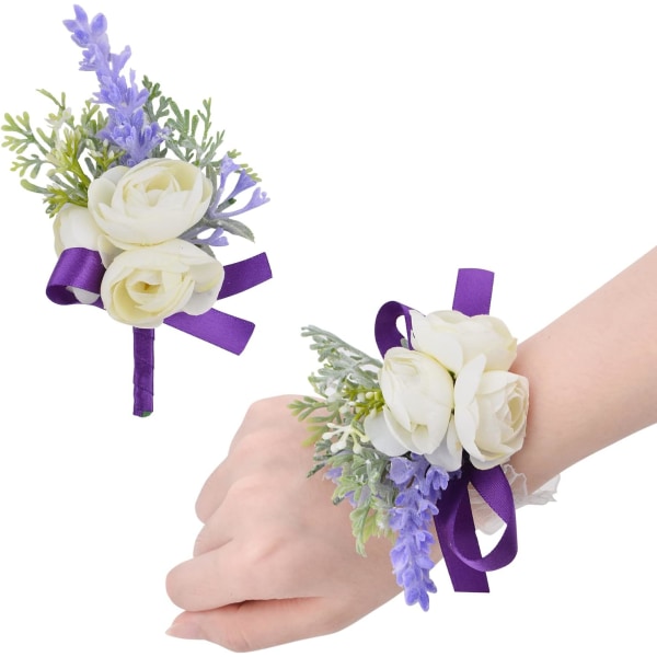 2 stk håndleddsblomst, kunstig bryllupshåndleddsblomst og knapphullsblomstsett brud håndblomst menn knapphullsblomst for bryllup, lilla bånd