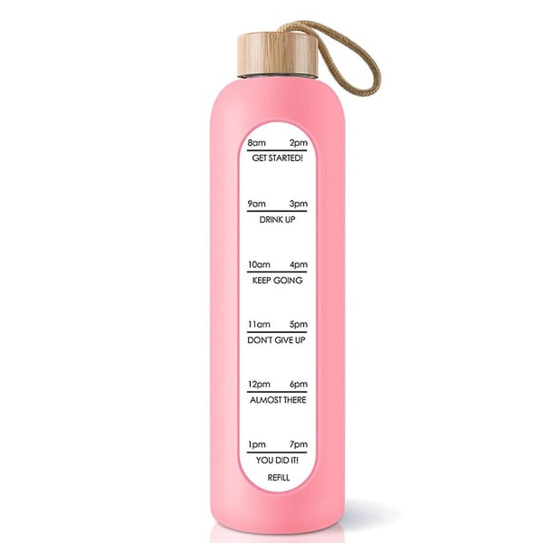 Vannflaskeglass med silikonhylse, vannflaske med tidsstempel, gjennomsiktig borosilikatglassvannflaske, overvåk ditt daglige drikkevann