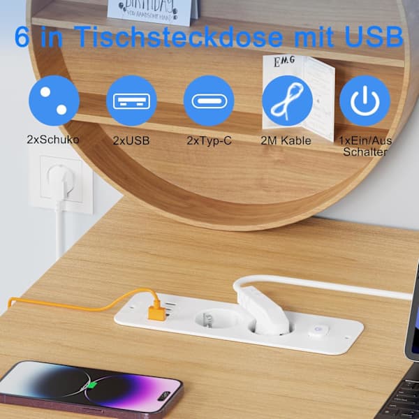 2-veis innfelt stikkontakt med 2 USB-porter og 2 meter kabel