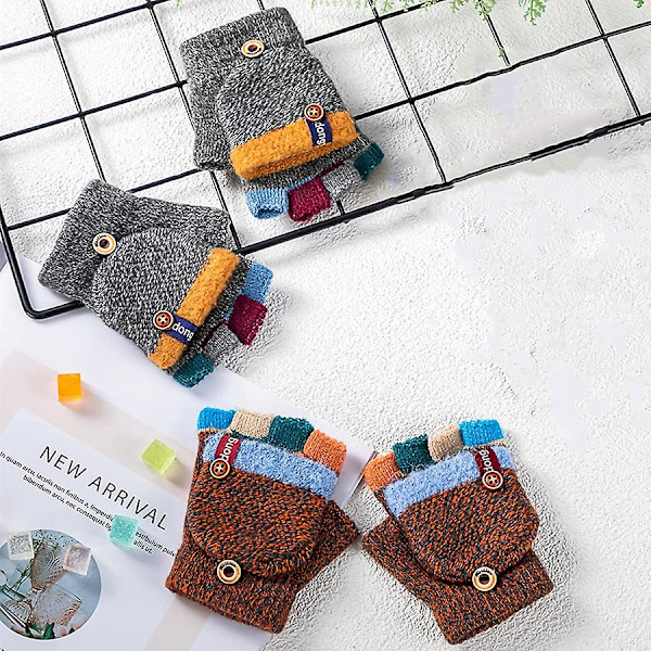 2 par barn vinter stickade handskar, konvertibla varma handskar flip top fingerlösa handskar flerfärgad design, höst och vinter barn handskar randiga