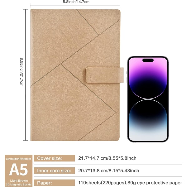 A5 Notatbok Minimalistisk Linjert Notatbok Journal Med Faux Lær Hardcover, 3D Magnetisk Spenne, Gave Til Kvinner Menn Lærer Kontor Skole (Lysebrun)