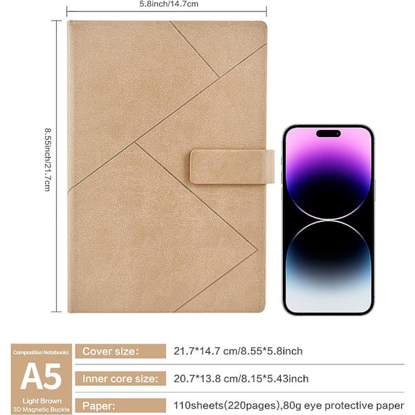 A5 Notebook Minimalistisk Linjerad Anteckningsbok Journal Med Konstläder Hårdpärm, 3D Magnetiskt Spänne, Present till Kvinnor Män Lärare Kontor Skola (Ljusbrun)