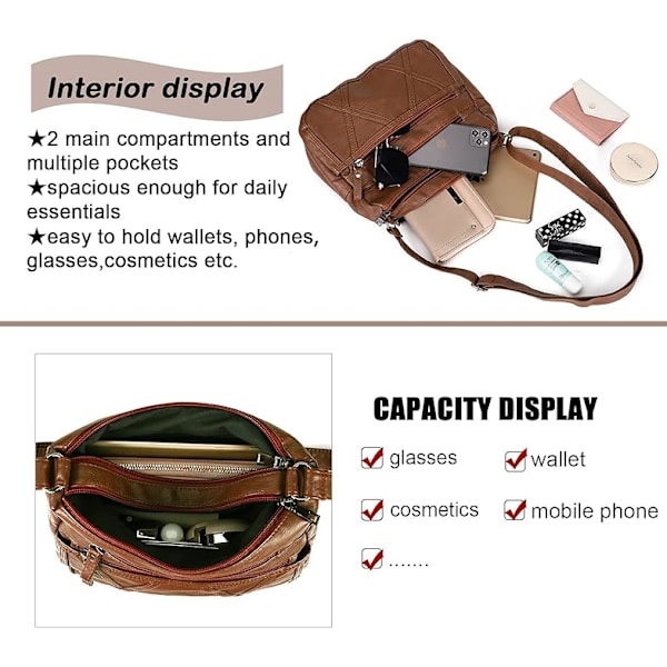 Damväska med flera fickor, avslappnad, crossbody, axelremsväska, messengerbag för vardagligt bruk, vattentät (medium)
